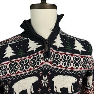 Aspen Mens 100% Cotton Red White Blue Polar Bear Fair Aisle 1/4 Zip Sweater Sz M